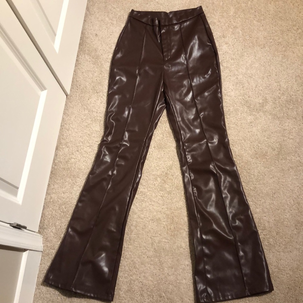 Shein PU Leather Flare Pants- Size 4, Chocolate Brown
